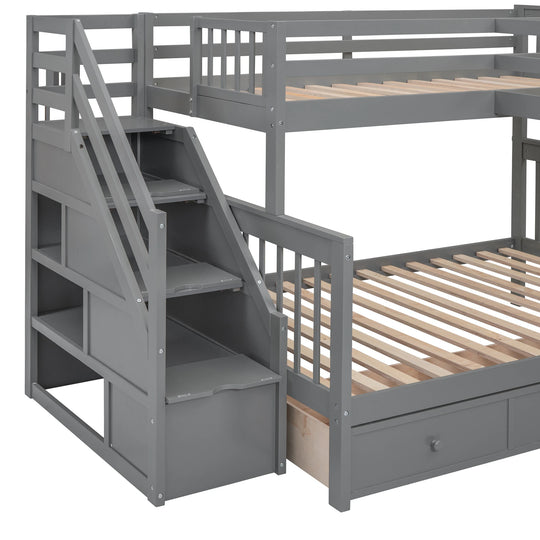 L-Shaped Bunk Bed with Three Drawers, Portable Desk and Wardrobe, Twin-Twin over Full Design