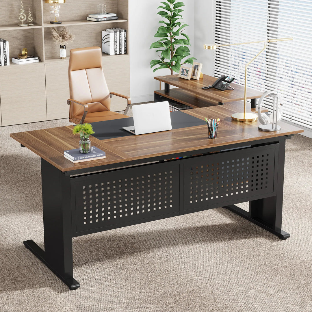 63 Inch Executive Desk with File Cabinet, Large Office Desk L Shaped Desk