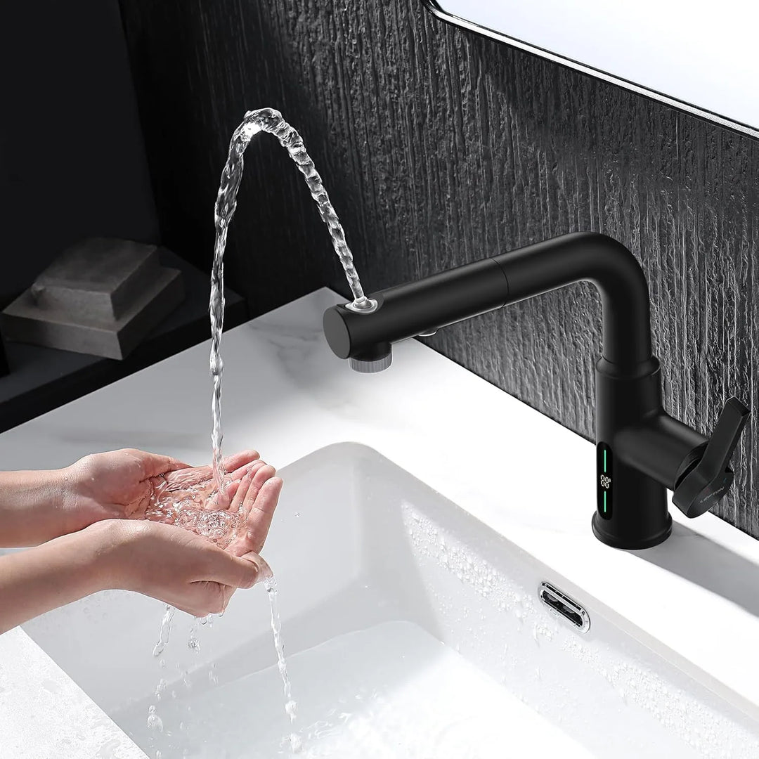 Single Hole Liftable Bathroom Faucet with Temperature Display in Fahrenheit, 3 Water Modes, BF2501