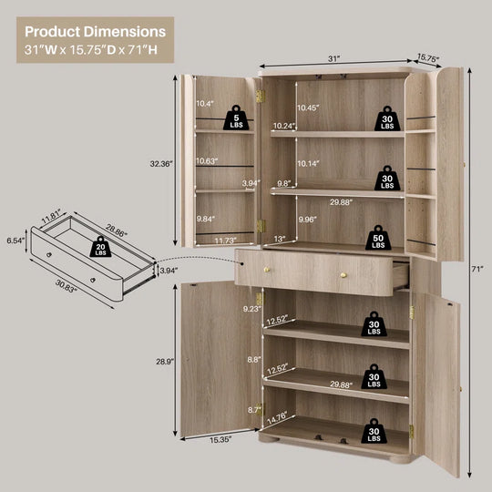 71" Tall Bathroom Storage Cabinet, Modern Curved Bathroom Cabinet with 4 Doors and 6 Adjustable Shelves, Cupboard for Kitchen, Dining Room, Living Room and Bathroom