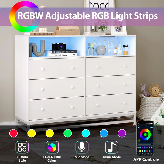 6 Drawer Dresser with Led Lights and Power Outlets