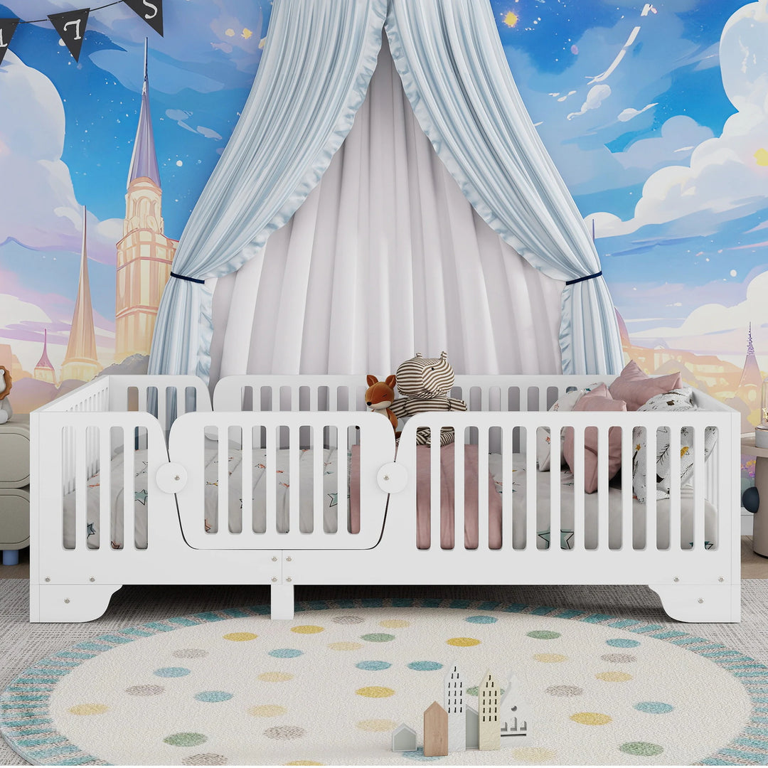 Full Size Montessori Floor Bed Frame with Safety Rails and Removable Door, Low Profile Kids Bed with Slatted Support