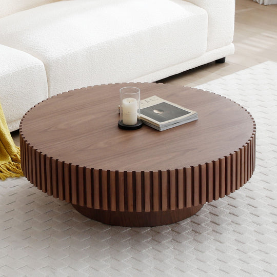 Modern Natural Black round Coffee Table with Sturdy Pedestal No Assembled
