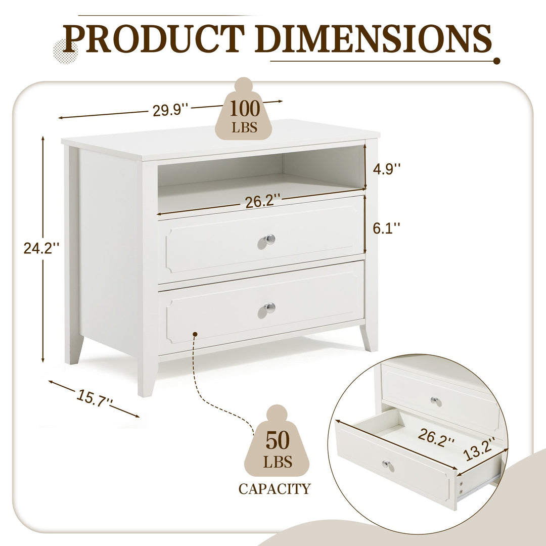 Wide Nightstand – 2‑Drawer Bedside Table with Open Shelf, MDF Wood End Table for Bedroom Living Room