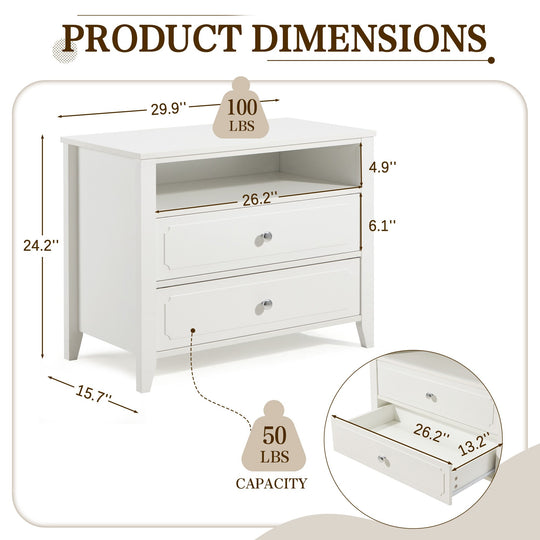 Wide Nightstand – 2‑Drawer Bedside Table with Open Shelf, MDF Wood End Table for Bedroom Living Room