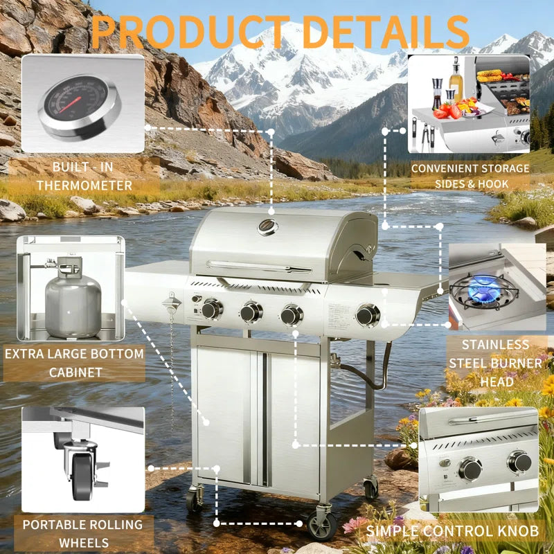 3+1 Burners 34000 Btu Lp Gas Grill with Side Burner for Outdoor Garden Patio Backyard Barbecue Cooking