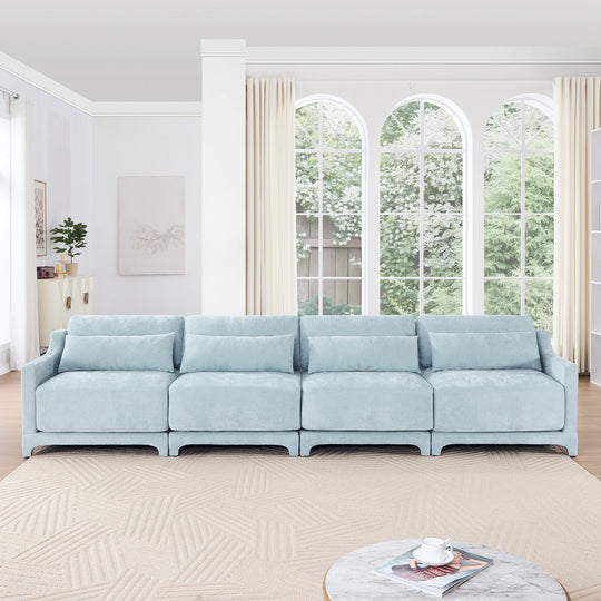 Modern Chenille 4-Seater Sofa with 2 Ottoman, Lumbar Cushions, Ergonomic Backrest, High-Resilience Spongeand Tufted Armrests