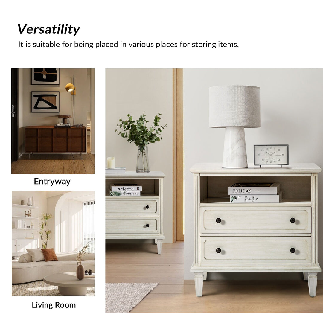 Kamilo Transitional 28''W 2-Drawers End Table with Built-In Charging Station and Solid Wood Legs by