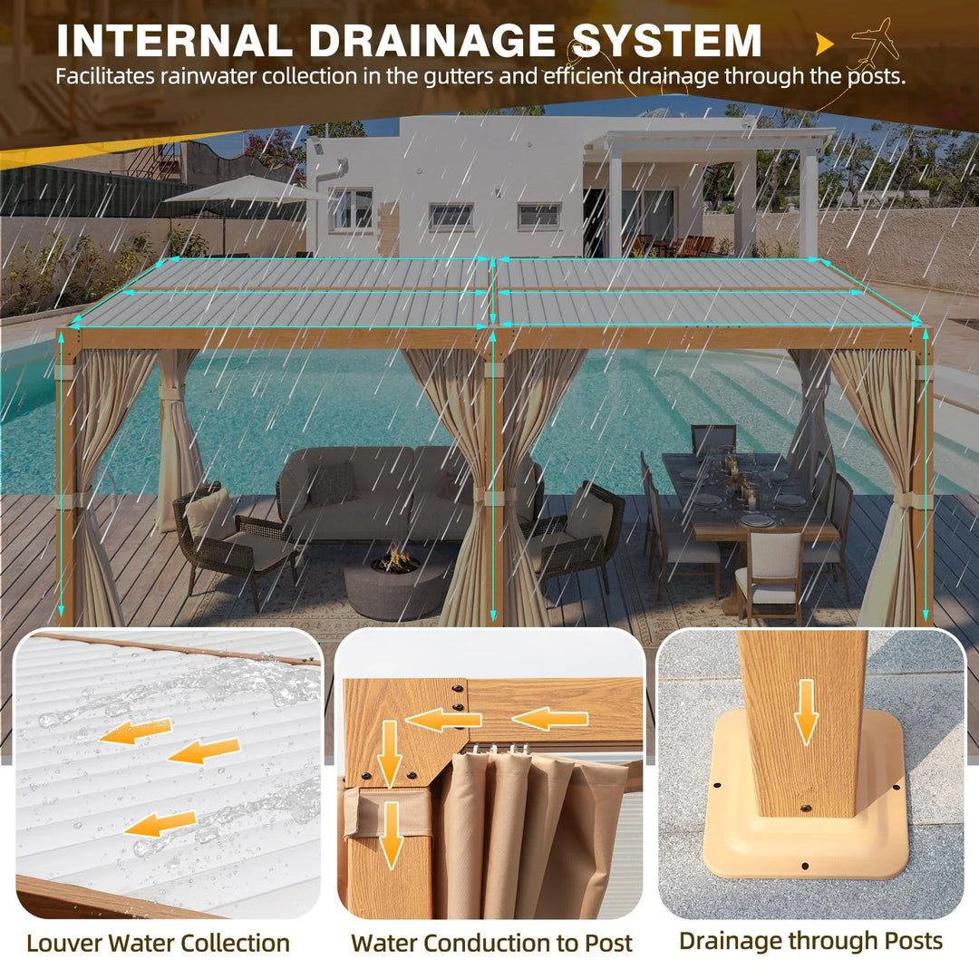 Outdoor Louvered Pergola Gazebo with Adjustable Aluminum Rainproof Roof and Pull-Down Screen