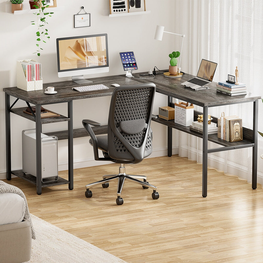 Reversible L Shaped Desk with Storage Shelves, Home Office Corner Desk with Charge Station