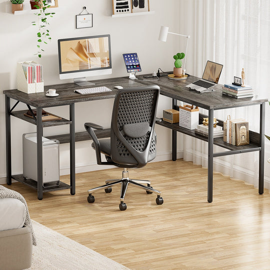 Reversible L Shaped Desk with Storage Shelves, Home Office Corner Desk with Charge Station