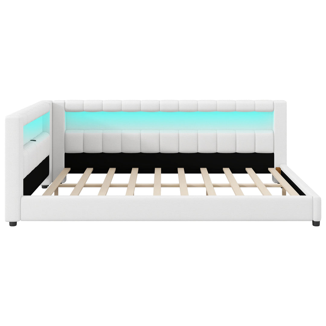 Upholstered Low-Profile Daybed Platform Bed Built-In USB Ports and LED Light Belt, Grounded Design with Padded Backrest