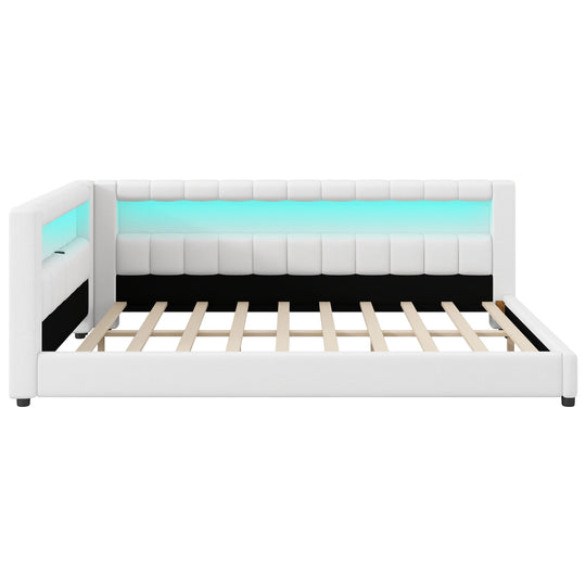 Upholstered Low-Profile Daybed Platform Bed Built-In USB Ports and LED Light Belt, Grounded Design with Padded Backrest