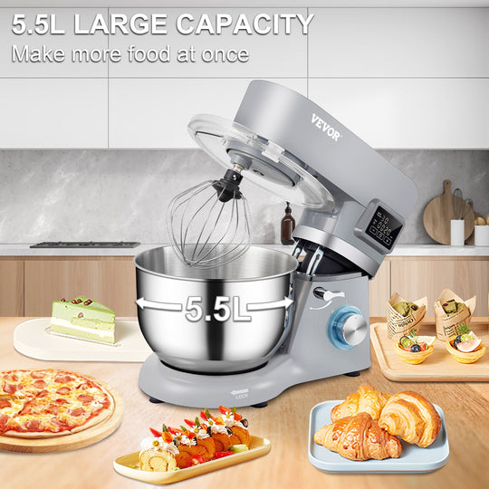 VEVOR Stand Mixer 660W 5.8Qt Electric Dough Mixer 6 Speeds LCD Screen Timing - 5.5 L
