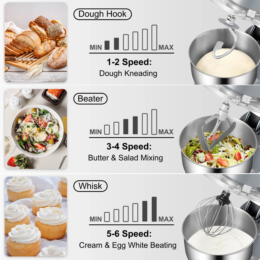 VEVOR Stand Mixer 660W 5.8Qt Electric Dough Mixer 6 Speeds LCD Screen Timing - 5.5 L
