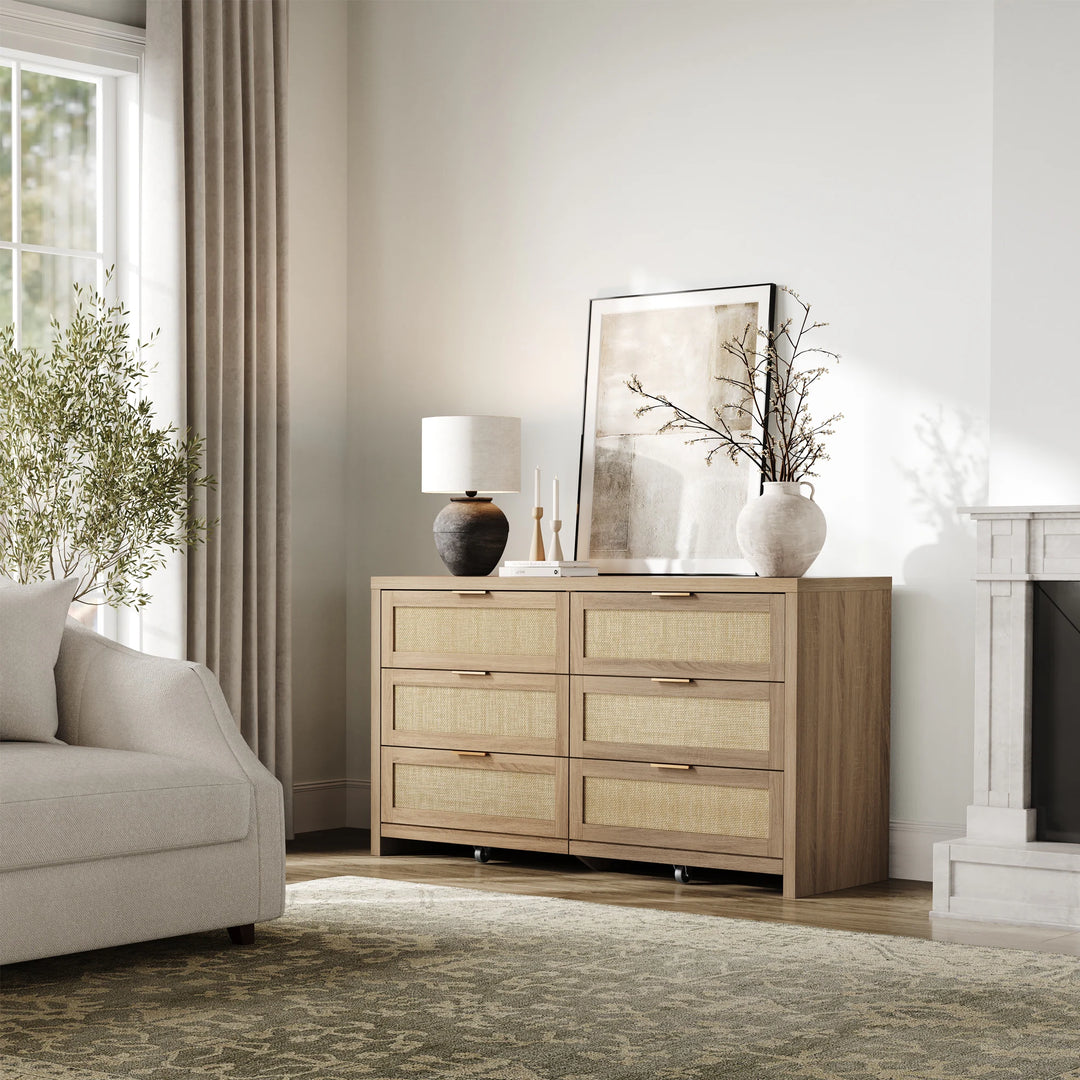 Elegant Right Angled Dresser with 6 Rattan Woven Drawers