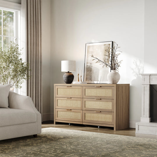 Elegant Right Angled Dresser with 6 Rattan Woven Drawers