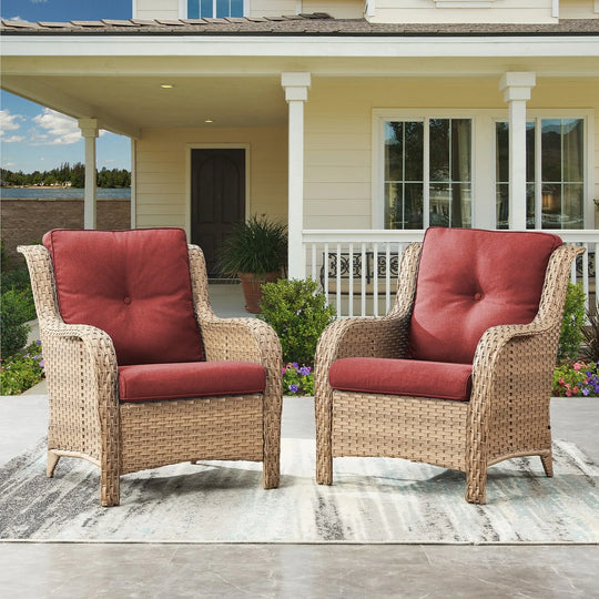Outdoor Wicker High Back Club Chair with Cushions (Set of 2)