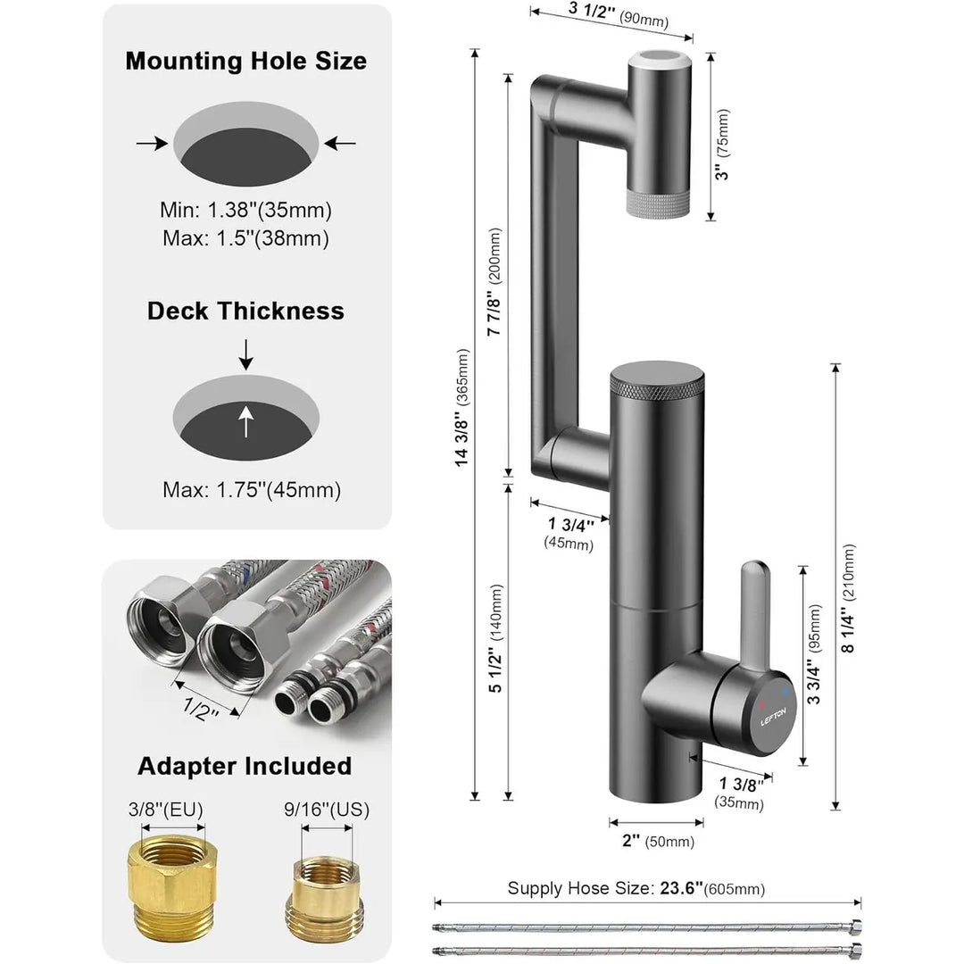 Rotatable Single Hole Bathroom Sink Faucet with Built-In Filter, Temperature Display in Fahrenheit, 2 Water Modes