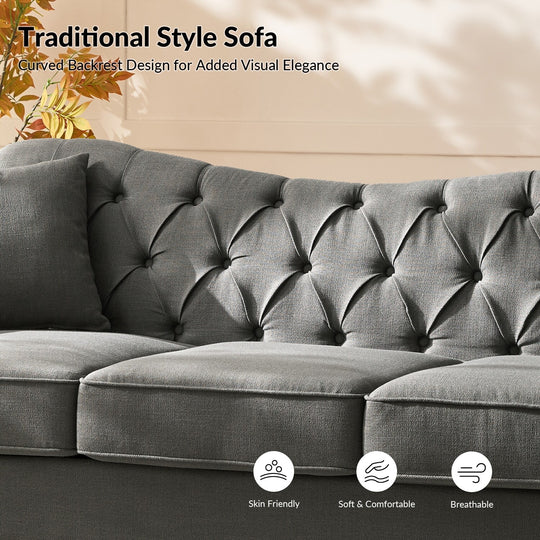 Mario Traditional 83"Wide Tufted Sofa with Solid Wood Legs and Pillows by