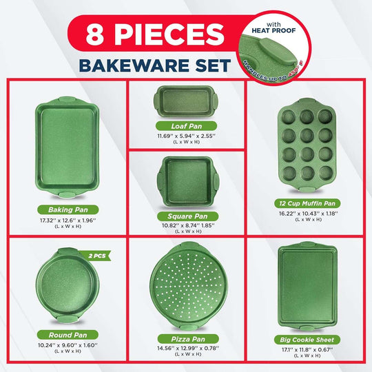 BAKKEN Kitchen Baking Pan Set - Nonstick Green Marble Coating, Carbon Steel Bakeware Sets with Green Silicone Handles,
