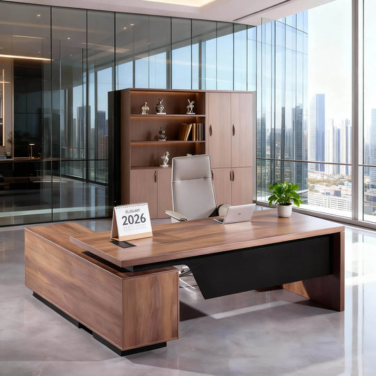 WESOME Retractable L-Shaped Executive Desk with Cable Management Drawers and Lateral File Cabinet