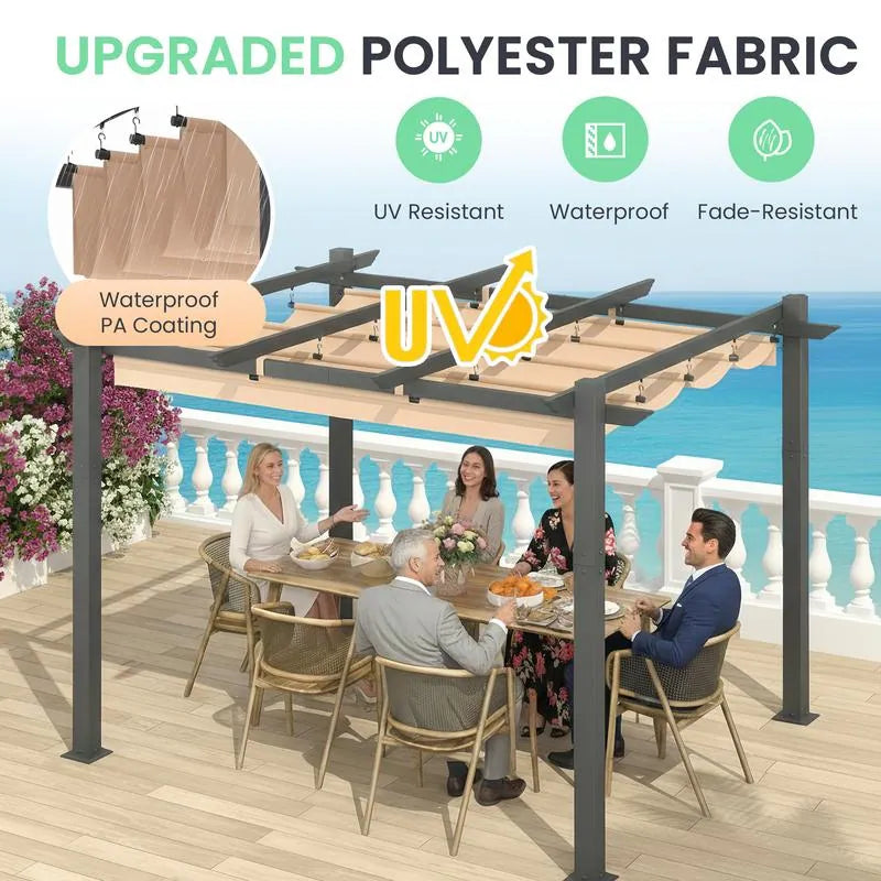 10' X 13' Outdoor Pergola with Retractable Canopy, Heavy-Duty Metal Frame and Adjustable Patio Shade Roof