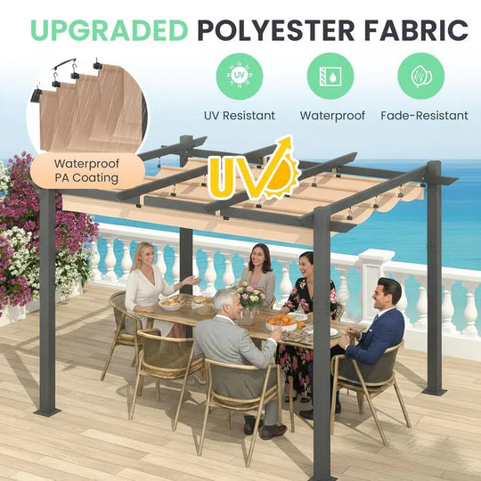 10' X 13' Outdoor Pergola with Retractable Canopy, Heavy-Duty Metal Frame and Adjustable Patio Shade Roof