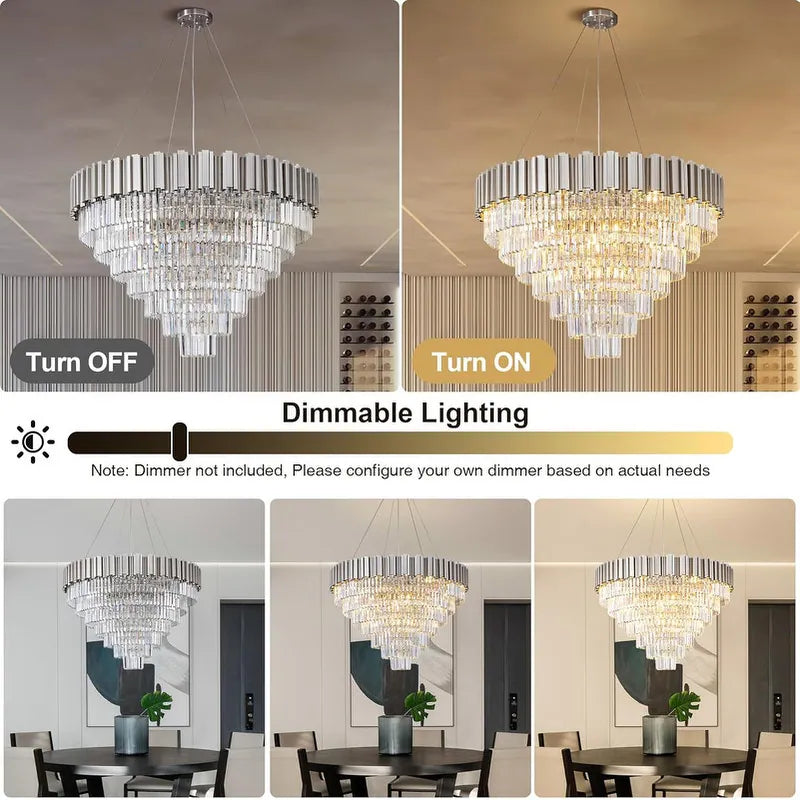 Large Crystal Chandelier - 35.4"Modern 6-Tier 17-Light Chrome Ceiling Light, Luxury K9 Crystal