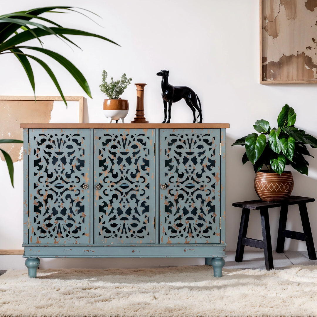 Retro Antique Hollow-Carved 3-Door Storage Cabinet