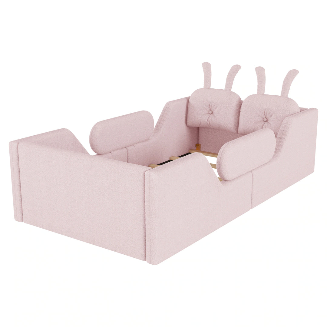 Twin Size Upholstered Platform Bed with Rabbit Cushion, Floor Upholstered Bed with Removable Side Rails