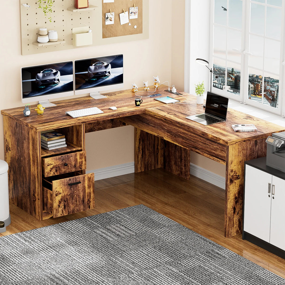 Modern Farmhouse Lift Top L-Shaped Desk with Charge Station, Corner Desk with File Drawers for Home Office
