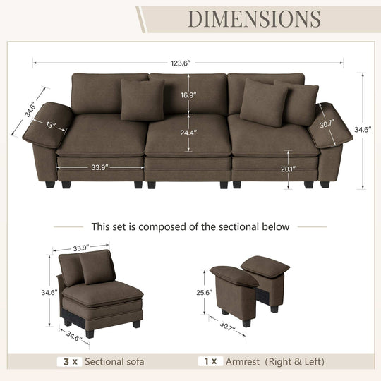 Cloud Modular Deep Seat Sofa, Chenille or Corduroy Sectional Couch with Removable Arms, 1–4 Seater