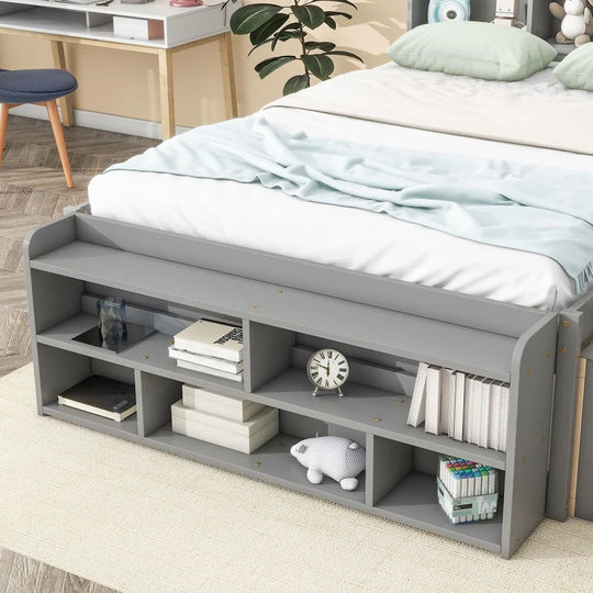 Storage Platform Bed with Bookcase Headboard,Drawers and Bed End Storage Case,Full Size