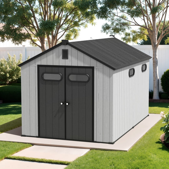 8X8/8X10/8X12 FT All-Weather Outdoor Resin Lockable Storage Shed with Windows Floor for Patio Furniture and Tools