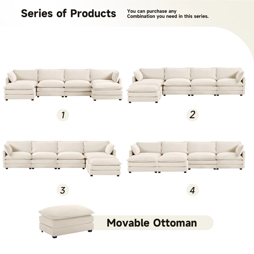 Corduroy Sectional Sofa with Removable Ottomans & Ultra-Soft Cushions for Living Room & Bedroom