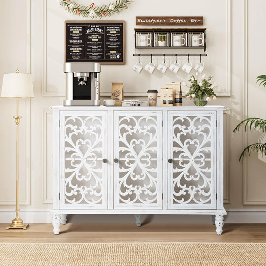 Retro Antique Hollow-Carved 3-Door Storage Cabinet