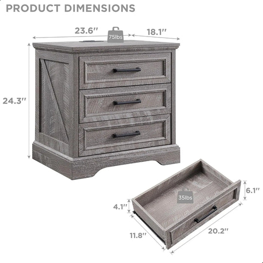 Farmhouse 3-Drawer Nightstand, Wide End Table with Charging Station