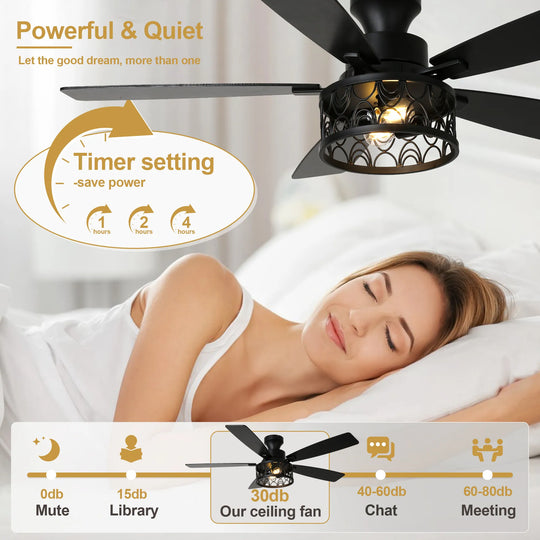 52-In Farmhouse Flush Mount Ceiling Fan with Lights and Remote Control, Black Caged Low Profile Chandelier Ceiling Fan