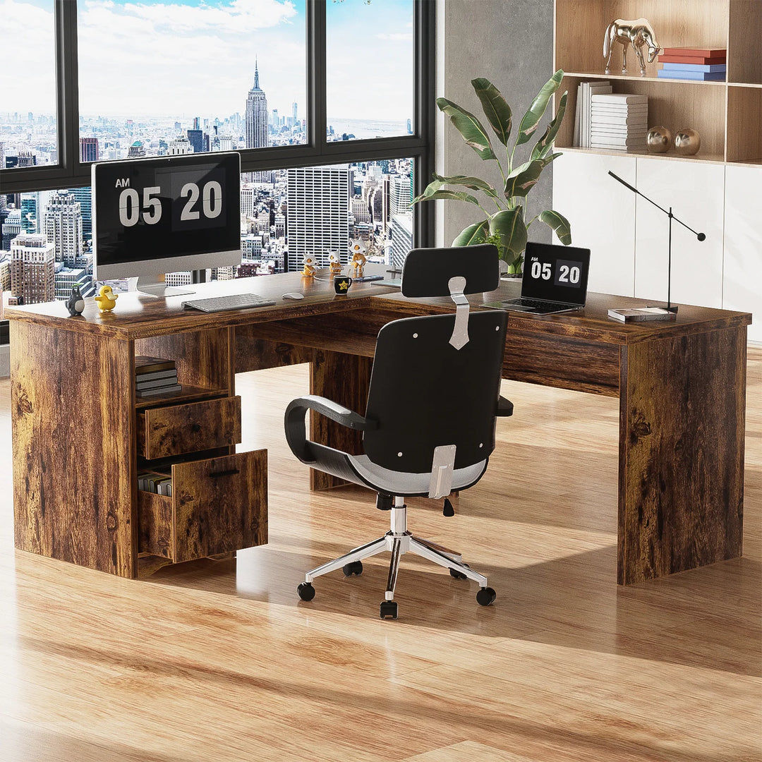 Modern Farmhouse Lift Top L-Shaped Desk with Charge Station, Corner Desk with File Drawers for Home Office