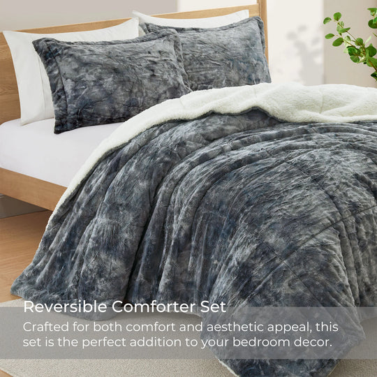 3 Piece Winter Reversible Comforter Set Faux Shearling Ultra Soft Minky Plush and Fuzzy Fleece Microfiber