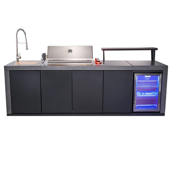Rimini Outdoor Kitchen 30" BBQ 62,600 BTU, 3 Burners with Sear & Rotisserie, 2.4 Cu.Ft. Beverage Center, Stainless Steel Sink, Black Cabinets & Gray Sintered Stone Countertops