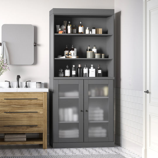 100% Solid Wood Bathroom & Laundry Storage Cabinet, Raised Panel Doors, Adjustable Shelves, 32" Wide, 71.5" Tall