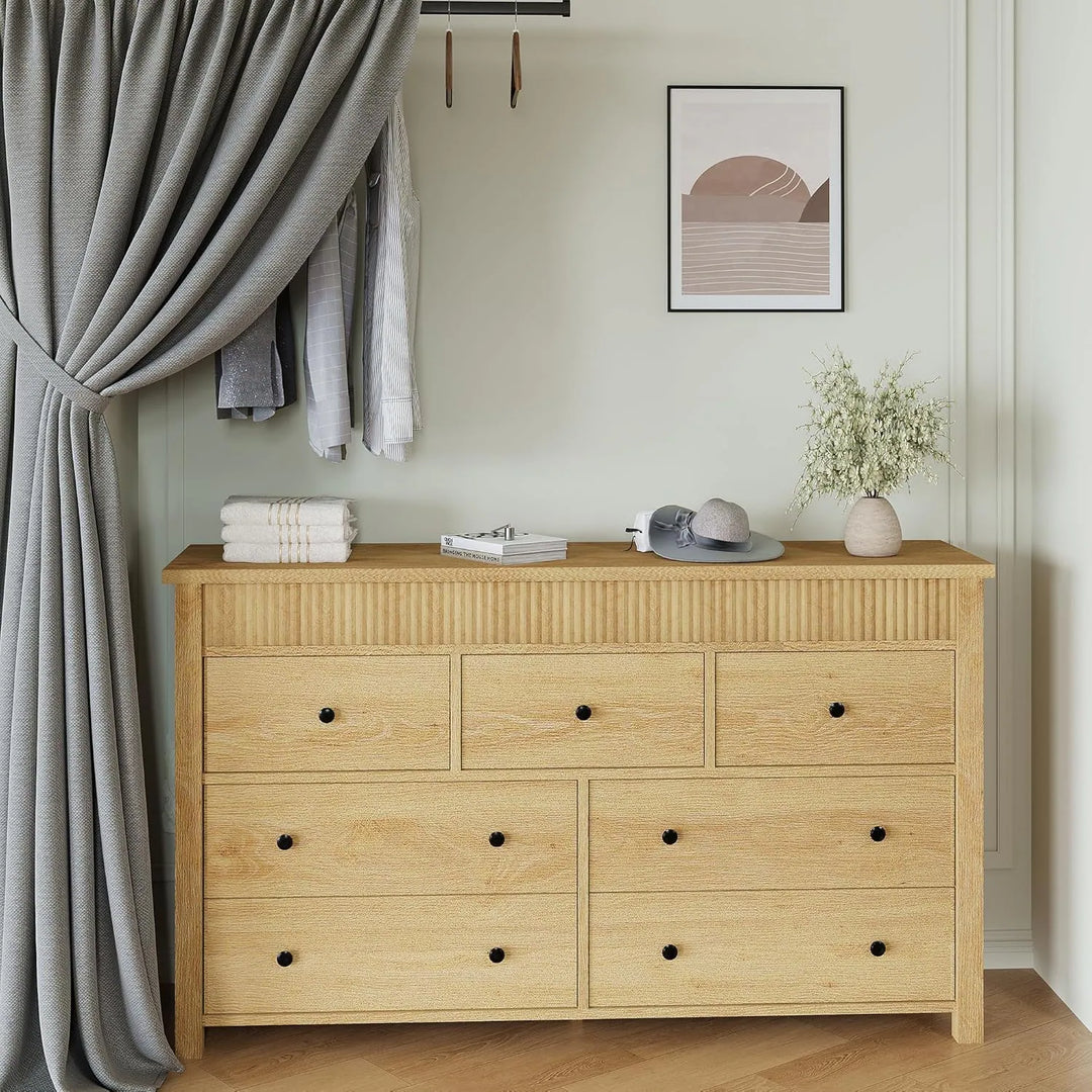 7 Drawer Dresser for Bedroom, 54 in Wide Modern Fluted Chest of Drawers, Wooden Storage & TV Stand, Natural Oak