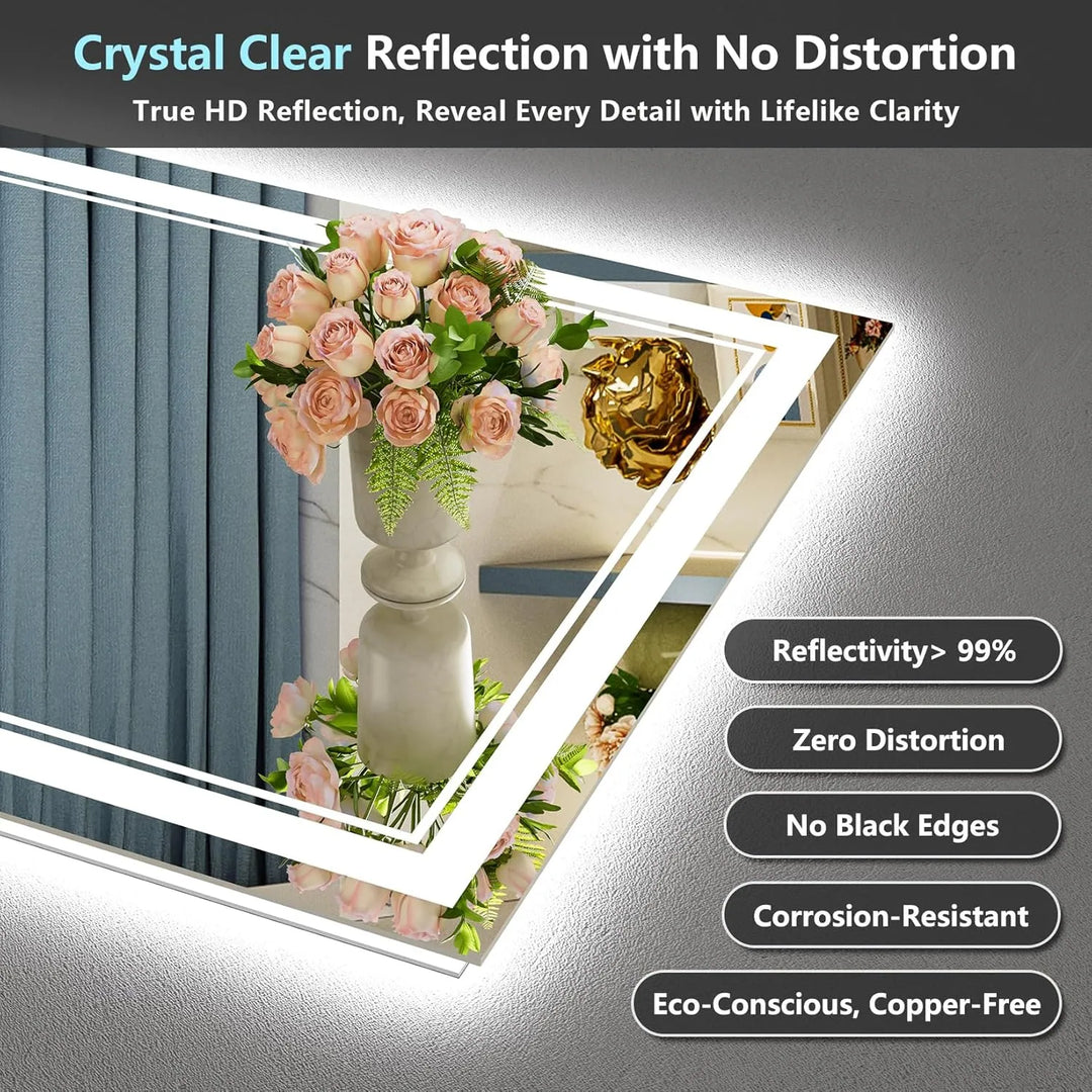 Full Size Front & Back LED Lighted Anti-Fog Tempered Glass Wall Bathroom Vanity Mirror, 3-Year Warranty & ETL Certification