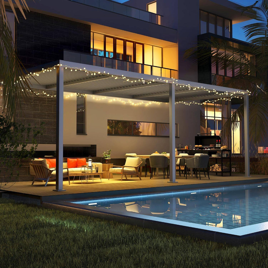 Outdoor Louvered Pergola Gazebo with Adjustable Aluminum Rainproof Roof and Pull-Down Screen