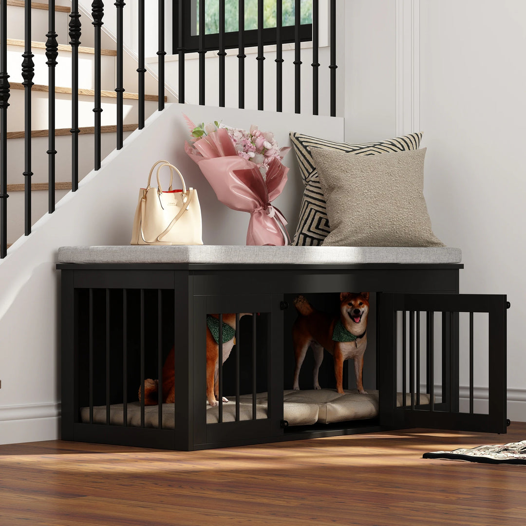 Chic Pet Haven: Luxe Wooden Dog Crate & Designer Home Bench - 47.2"