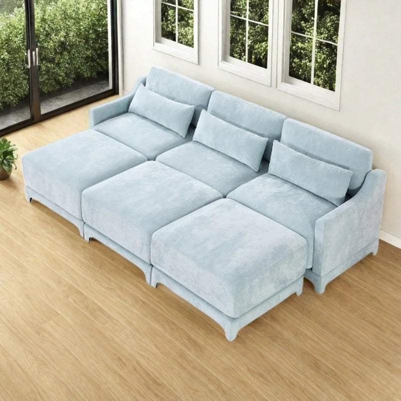 Modern Chenille 4-Seater Sofa with 2 Ottoman, Lumbar Cushions, Ergonomic Backrest, High-Resilience Spongeand Tufted Armrests