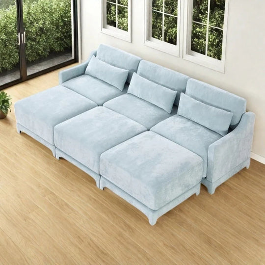 Modern Chenille 4-Seater Sofa with 2 Ottoman, Lumbar Cushions, Ergonomic Backrest, High-Resilience Spongeand Tufted Armrests