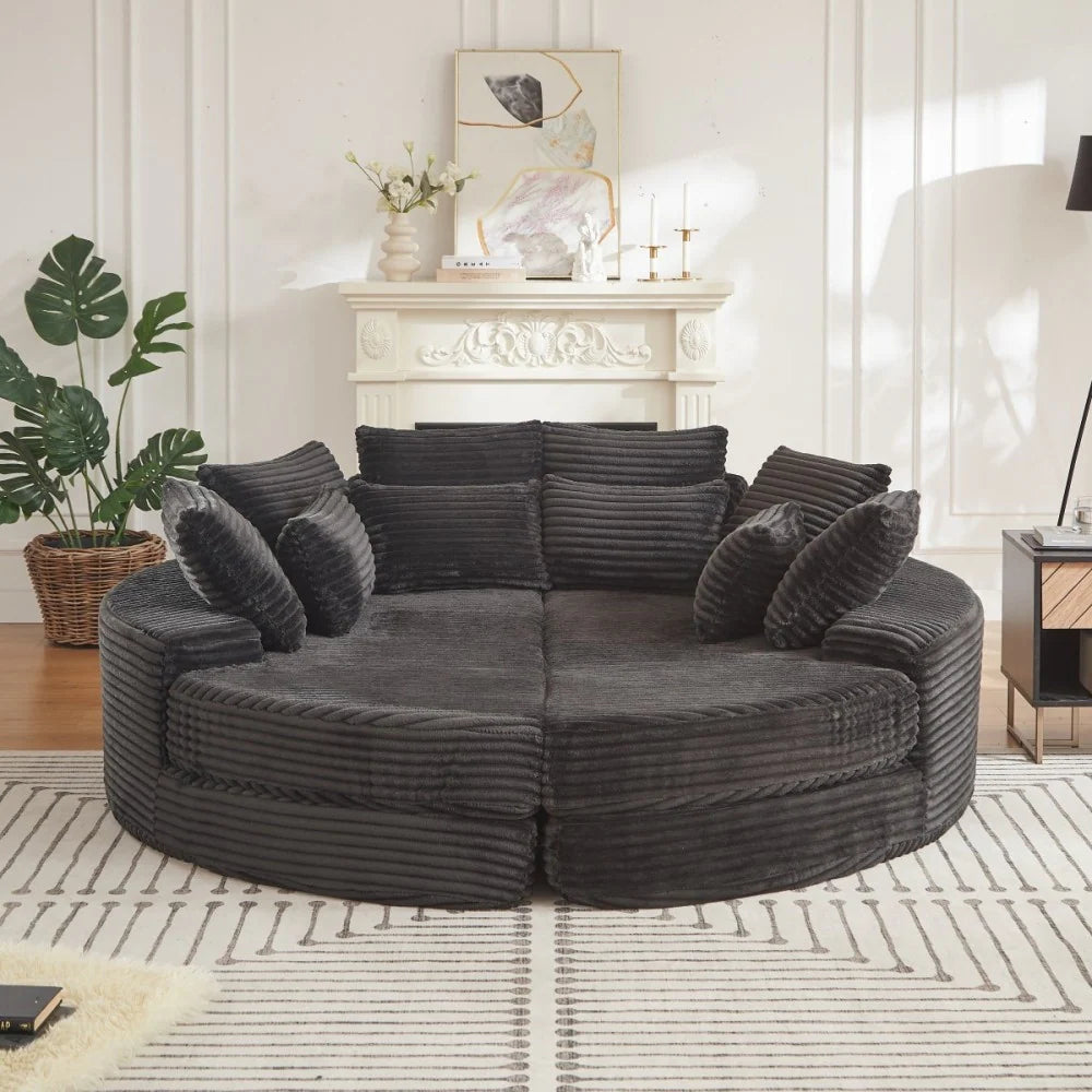78.5" Corduroy round Oversized 2-In-1 Sofa Bed, Neck Pillow Design with Four Throw Pillows